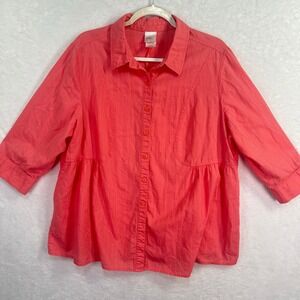 Just My Size Button Down Shirt Womens 2X Coral Peplum 3/4 Sleeve Cotton JM9191
